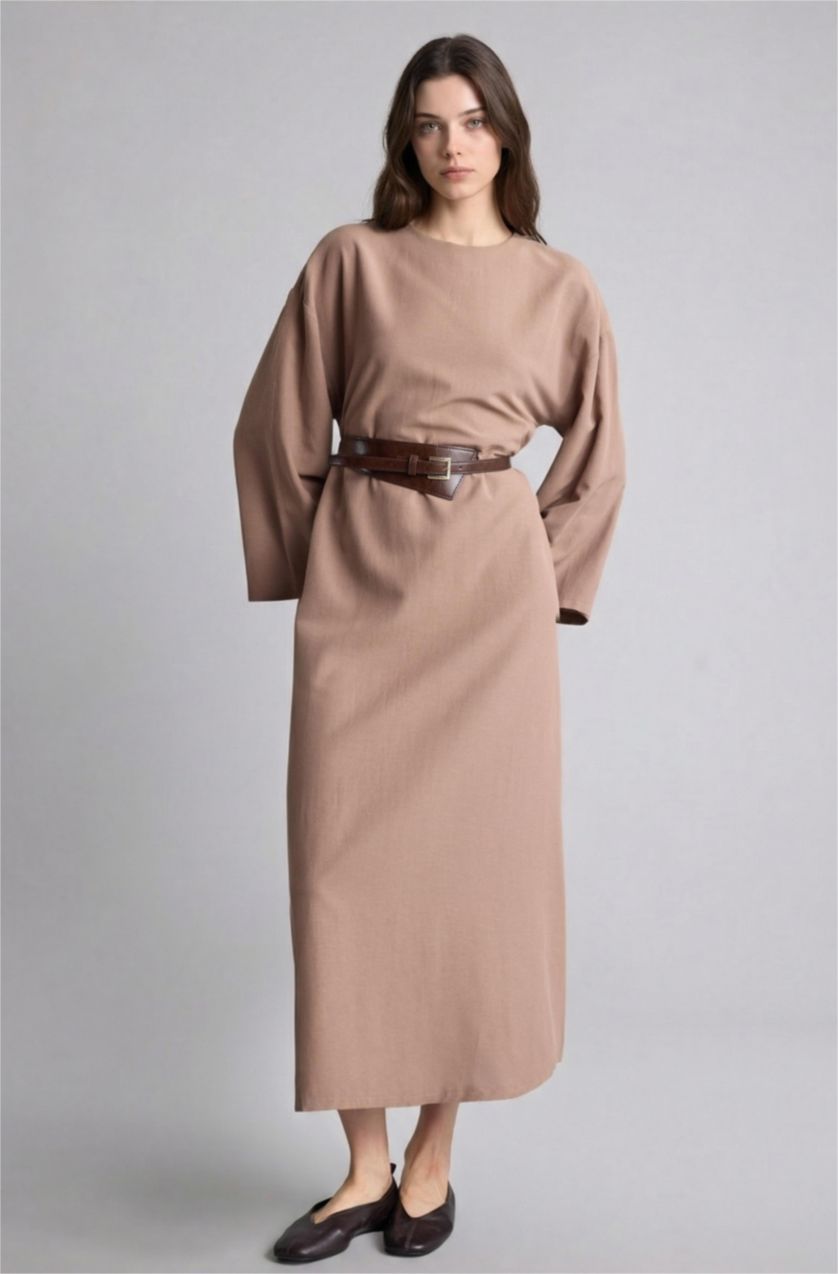 Kadın Vizon Loose Fit Keten Karışımlı Elbise