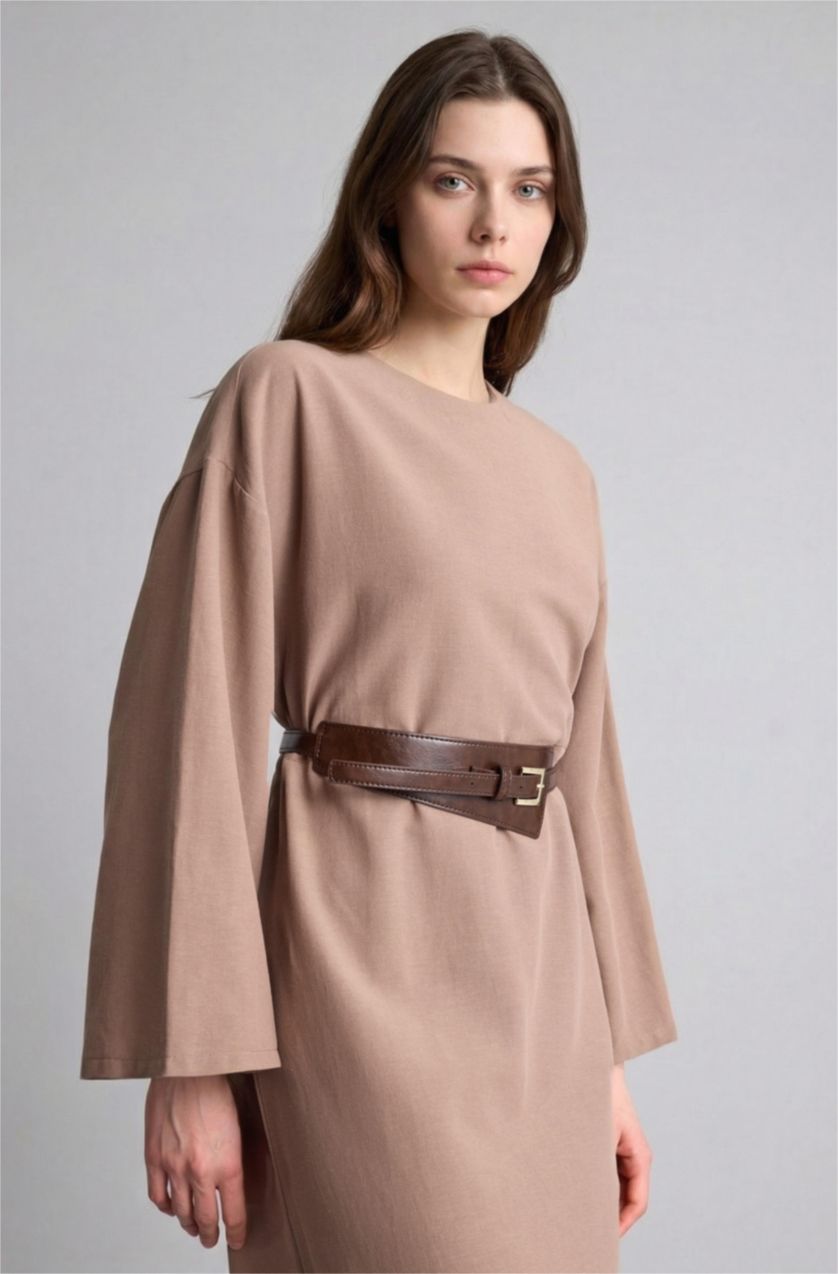 Kadın Vizon Loose Fit Keten Karışımlı Elbise