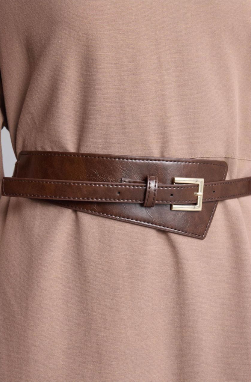 Kadın Vizon Loose Fit Keten Karışımlı Elbise