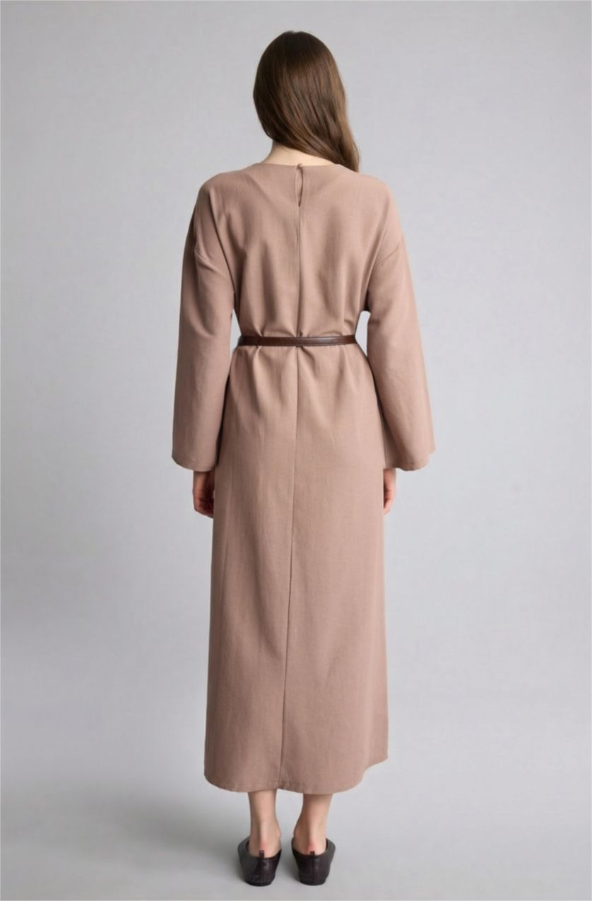 Kadın Vizon Loose Fit Keten Karışımlı Elbise