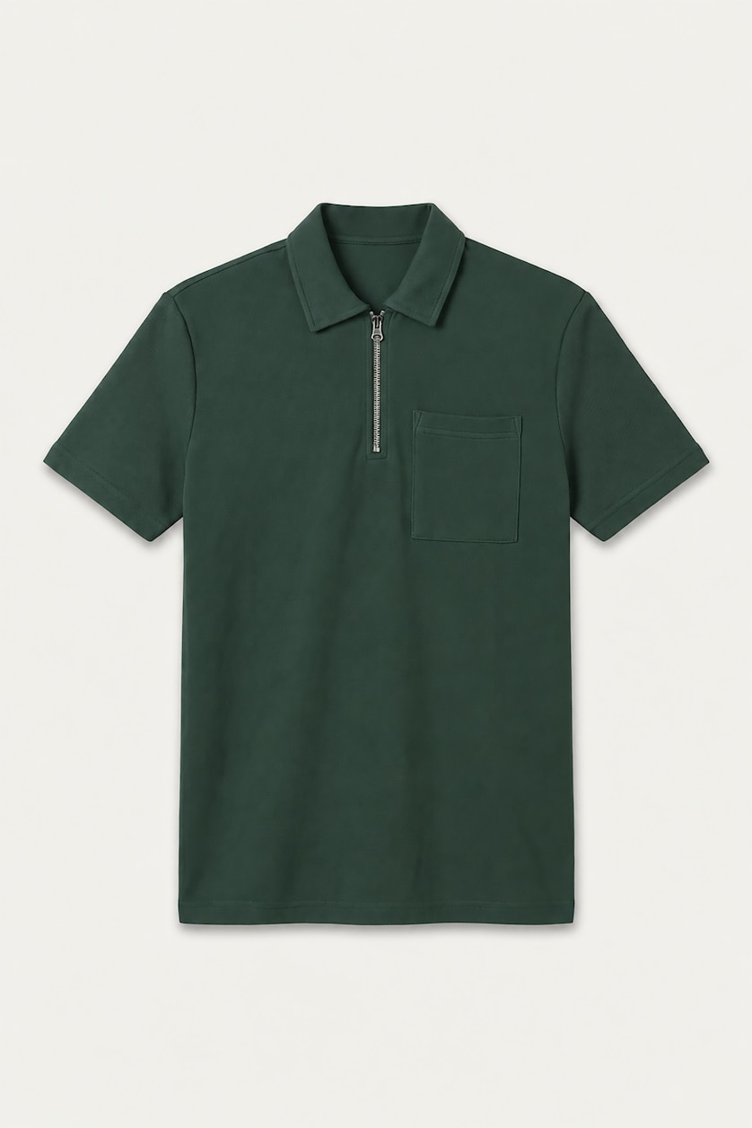 Erkek Yeşil Yarım Fermuarlı Basic Polo Tişört