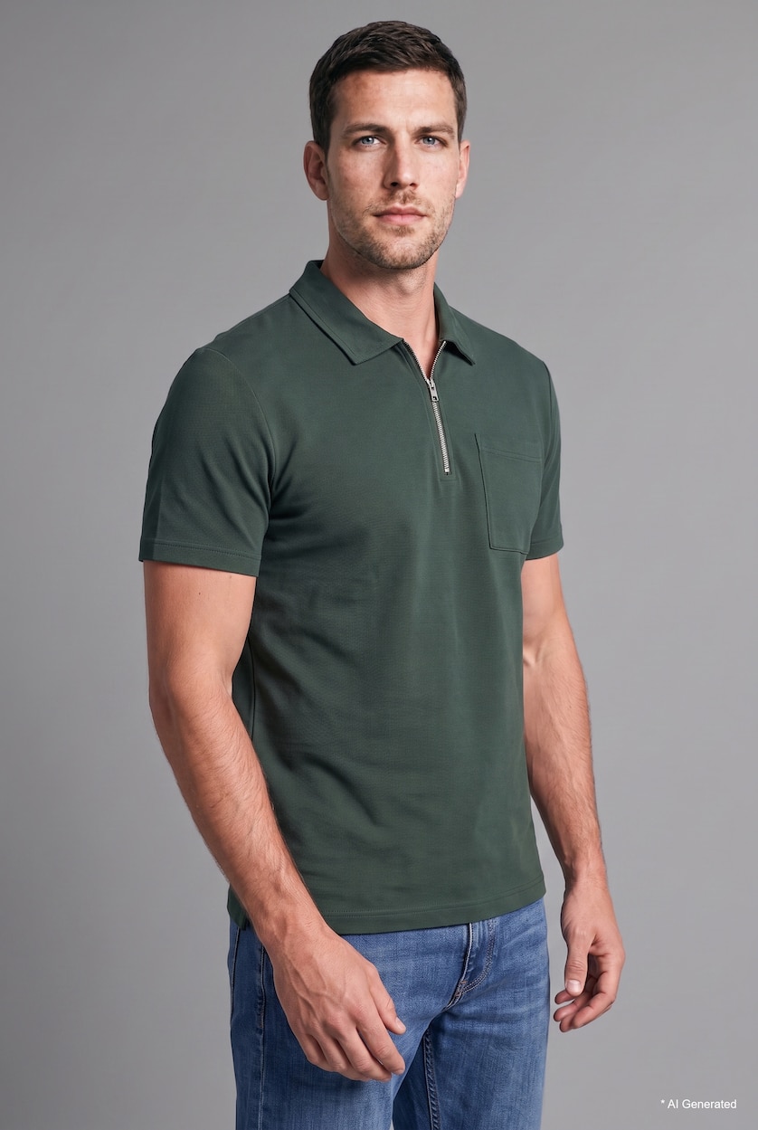 HOMME Vert T-shirt Polo basic à manches courtes à col rond avec demi-fermeture éclair Coupe régulière