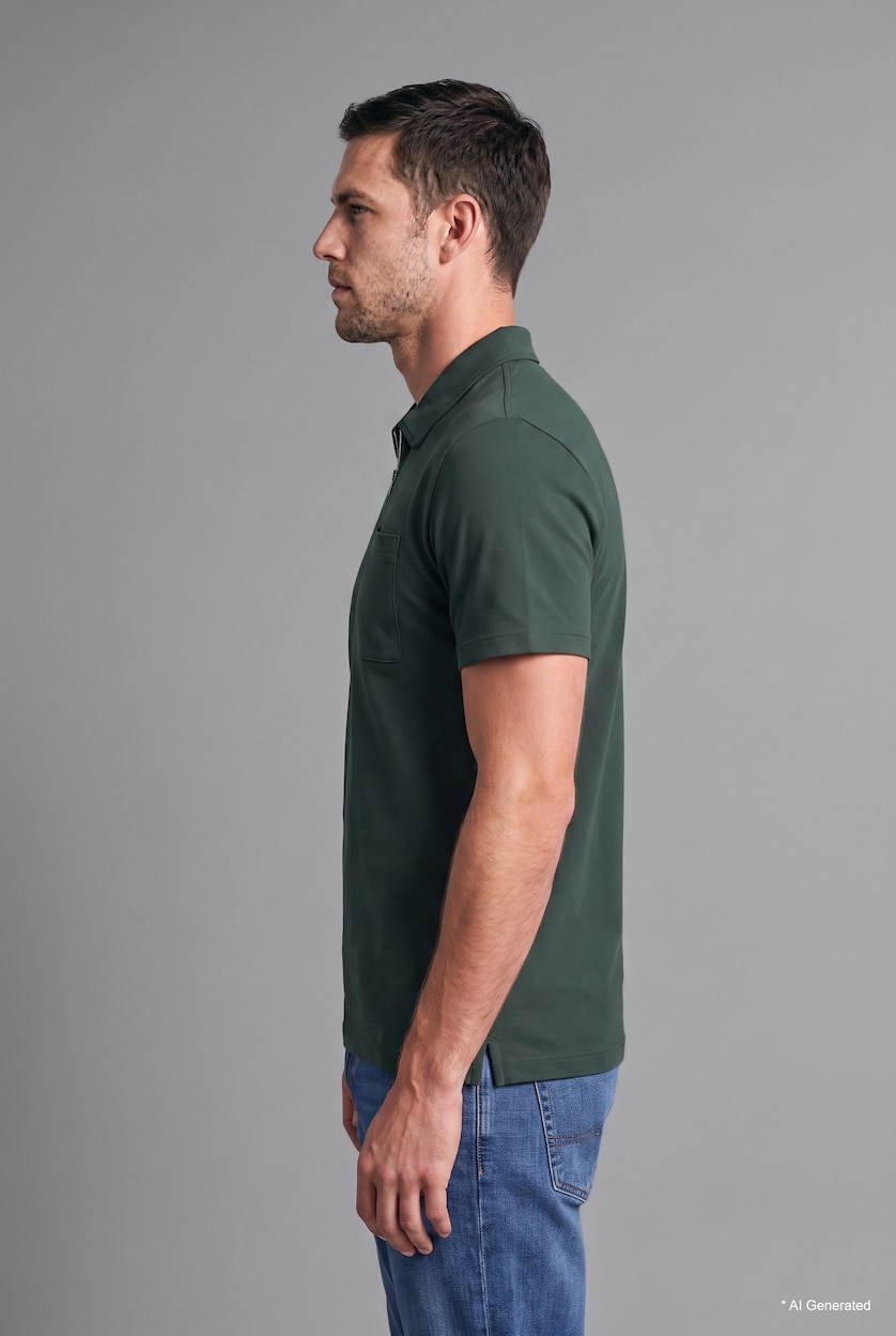 HOMME Vert T-shirt Polo basic à manches courtes à col rond avec demi-fermeture éclair Coupe régulière