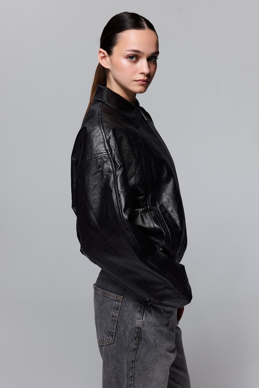 Women Black Zipper Faux Leather Jacket
