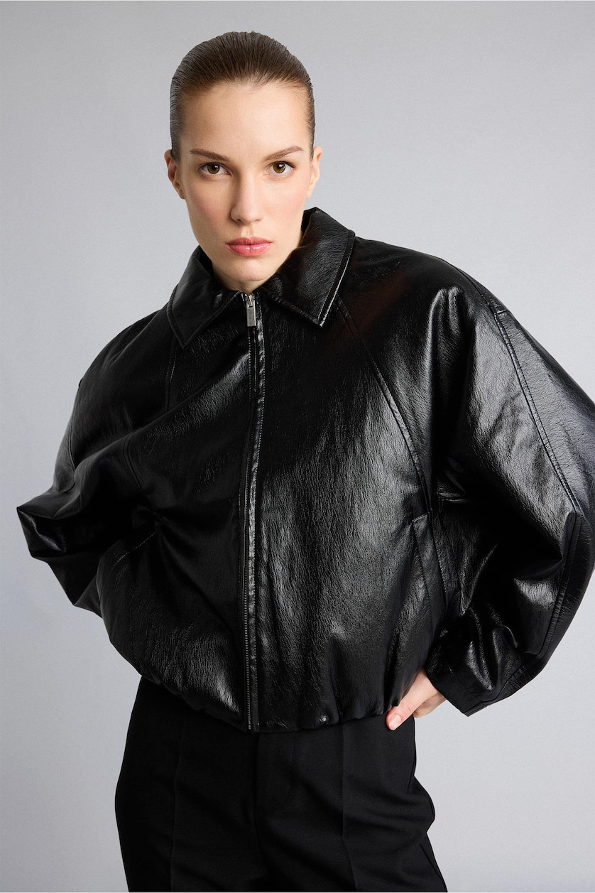 Women Black Zipper Faux Leather Jacket