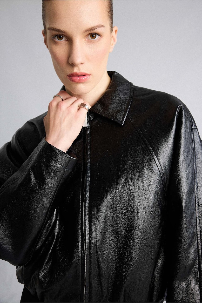 Women Black Zipper Faux Leather Jacket