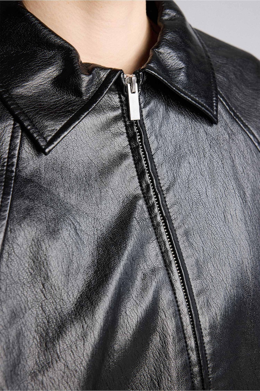 Women Black Zipper Faux Leather Jacket