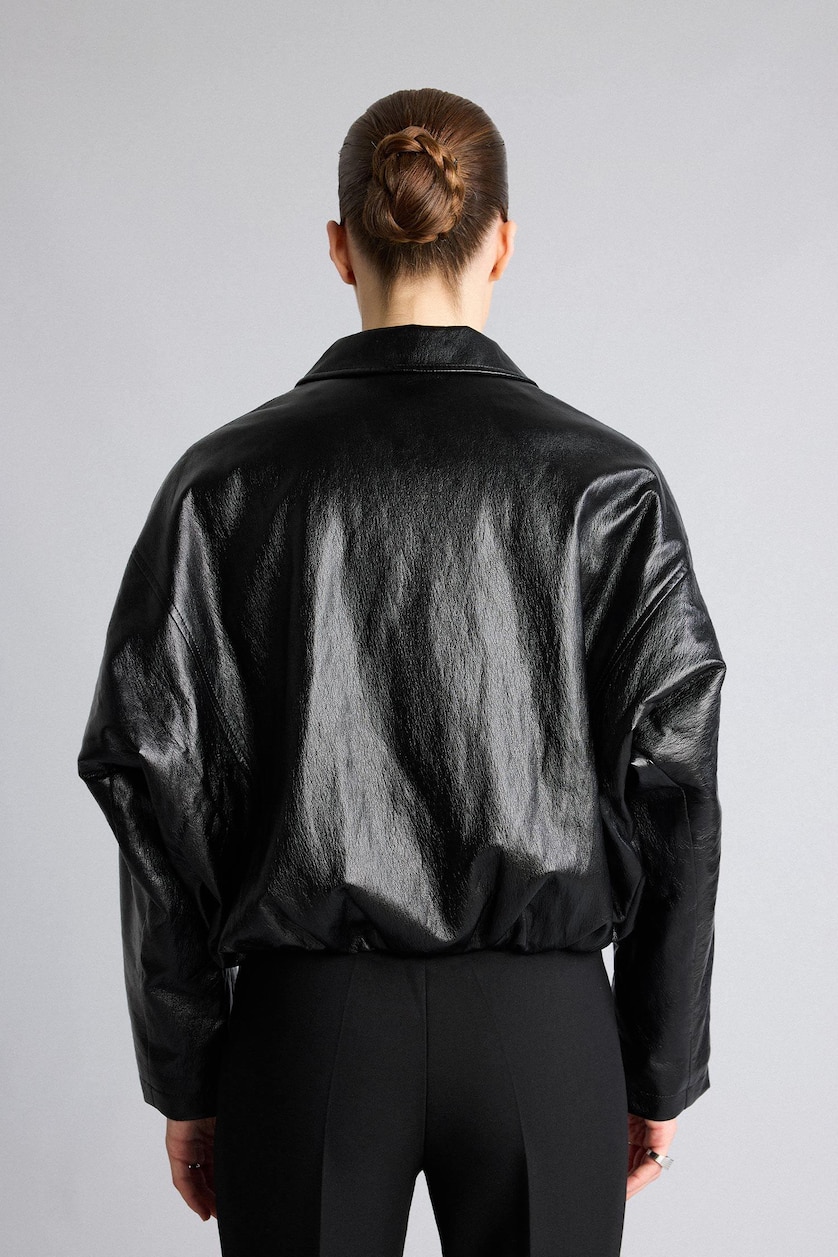 Women Black Zipper Faux Leather Jacket