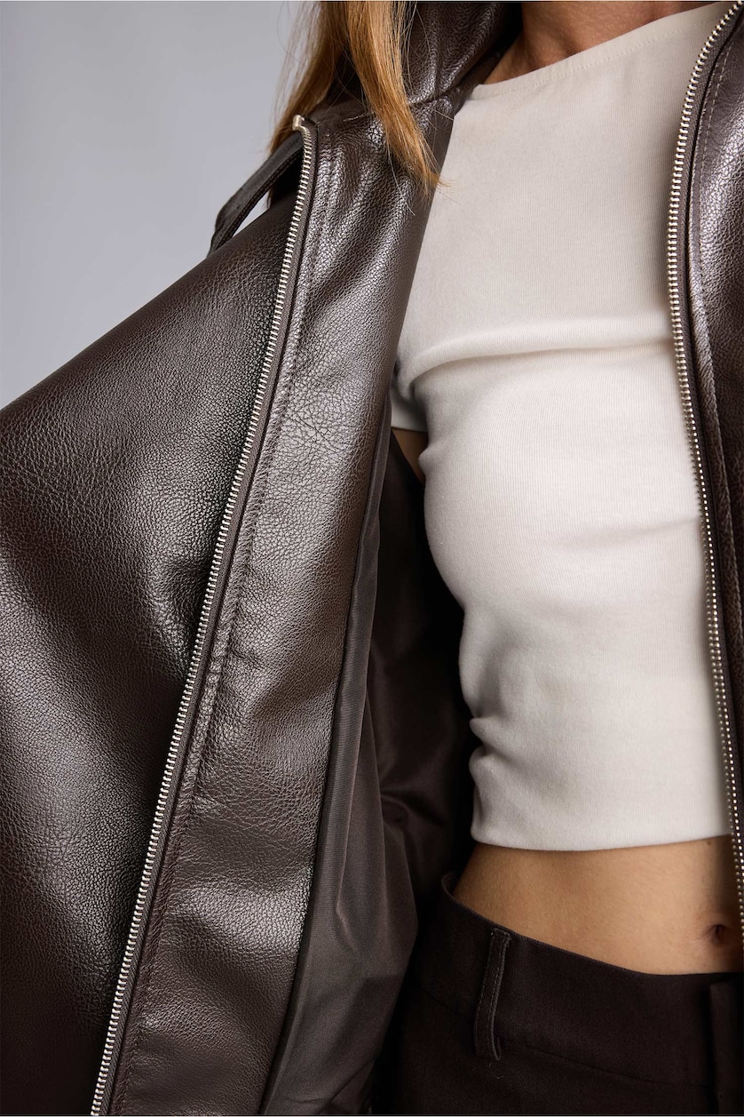 FEMME Marron Coupe Dad Veste en PU Veste en cuir