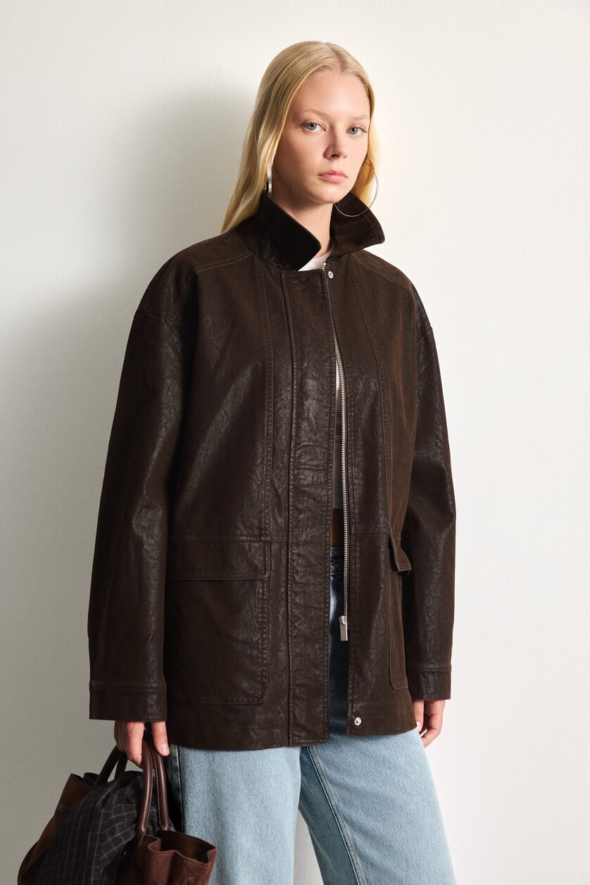 Women Brown Regular Fit Polo Collar Faux Leather Jacket
