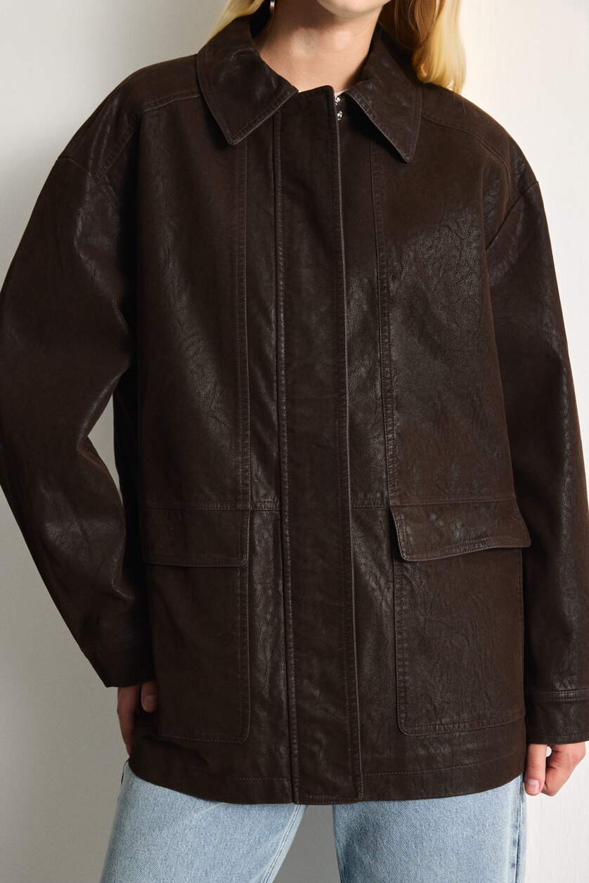 Women Brown Regular Fit Polo Collar Faux Leather Jacket