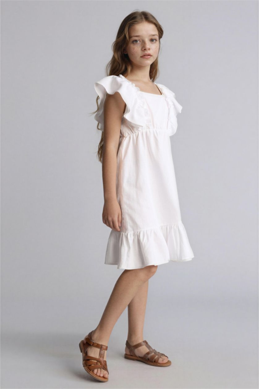 Kız Çocuk - Genç Kız Beyaz Keten Görünümlü Elbise