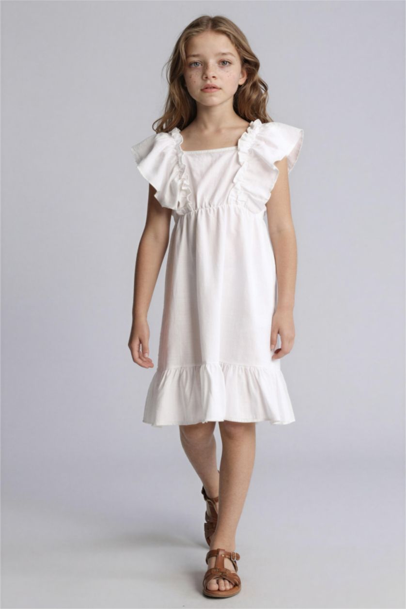 Kız Çocuk - Genç Kız Beyaz Keten Görünümlü Elbise