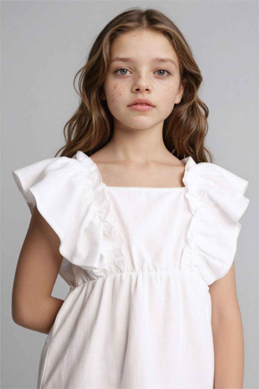 Kız Çocuk - Genç Kız Beyaz Keten Görünümlü Elbise