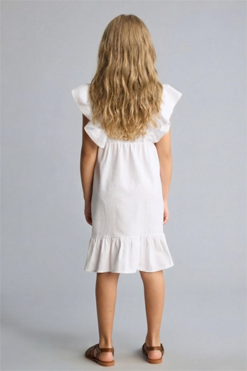 بنات أبيض فستان بناتي ذو مظهر كتان