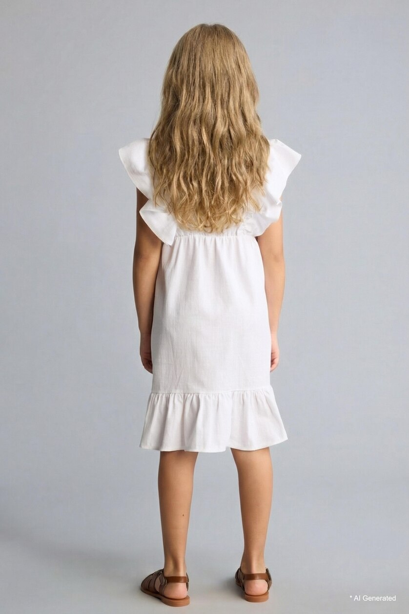 Girls & Teens White فستان بناتي ذو مظهر كتان