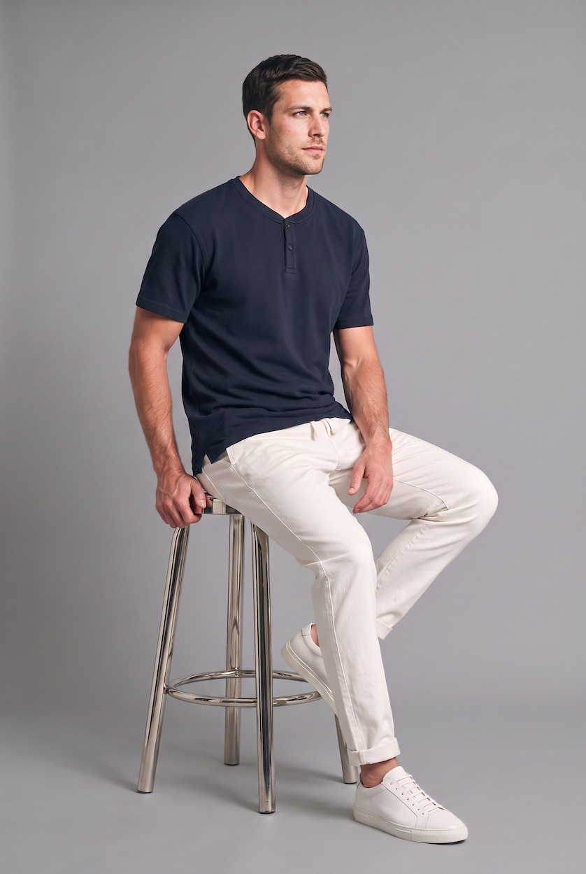 HOMME Marin T-shirt basique à manches courtes en maille gaufrée à col Henley Coupe slim