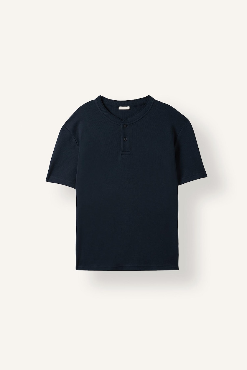 HOMME Marin T-shirt basique à manches courtes en maille gaufrée à col Henley Coupe slim