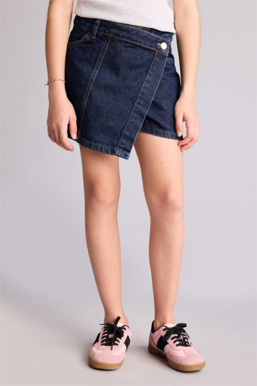 Kız Çocuk - Genç Kız Koyu Mavi Jean Şort Etek Kız Çocuk