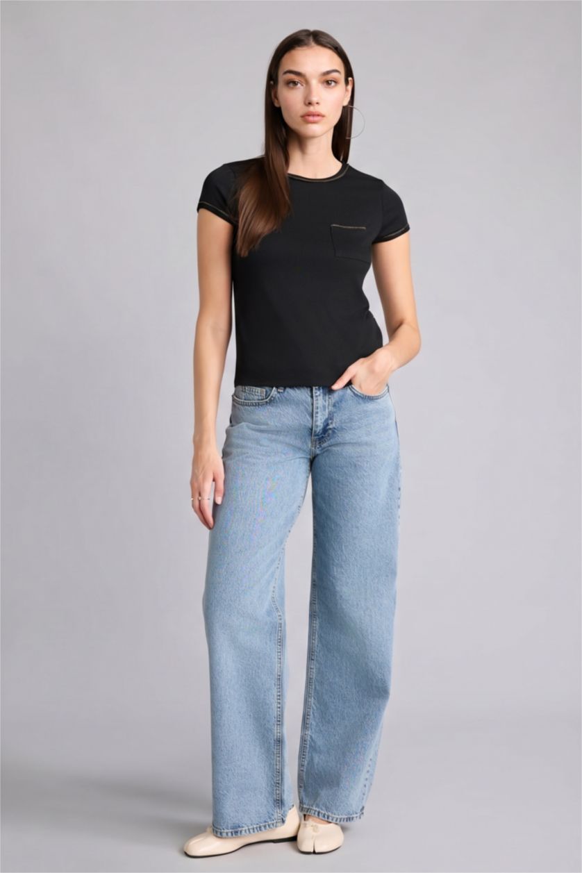 WOMAN Black Slim Fit Ribana Short Sleeve T-Shirt
