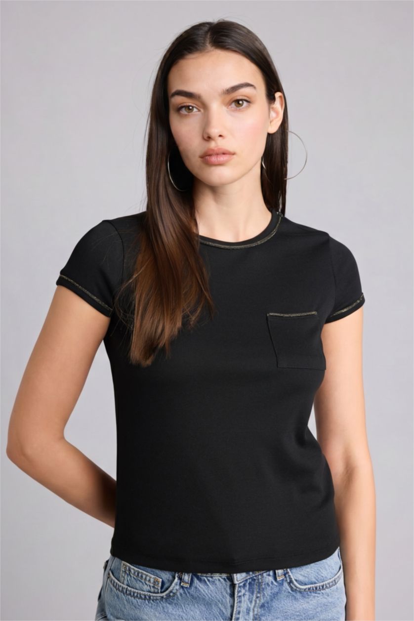 WOMAN Black Slim Fit Ribana Short Sleeve T-Shirt
