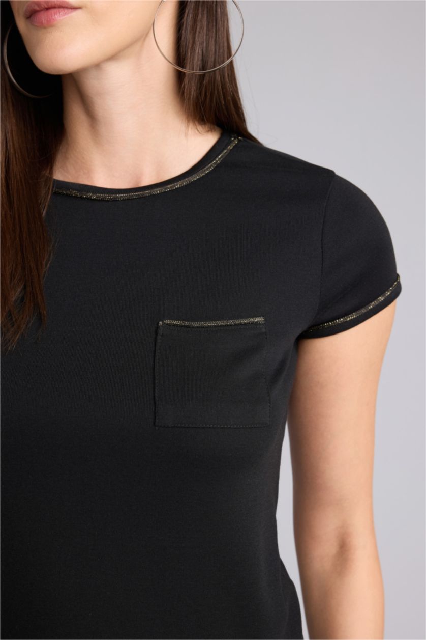 WOMAN Black Slim Fit Ribana Short Sleeve T-Shirt