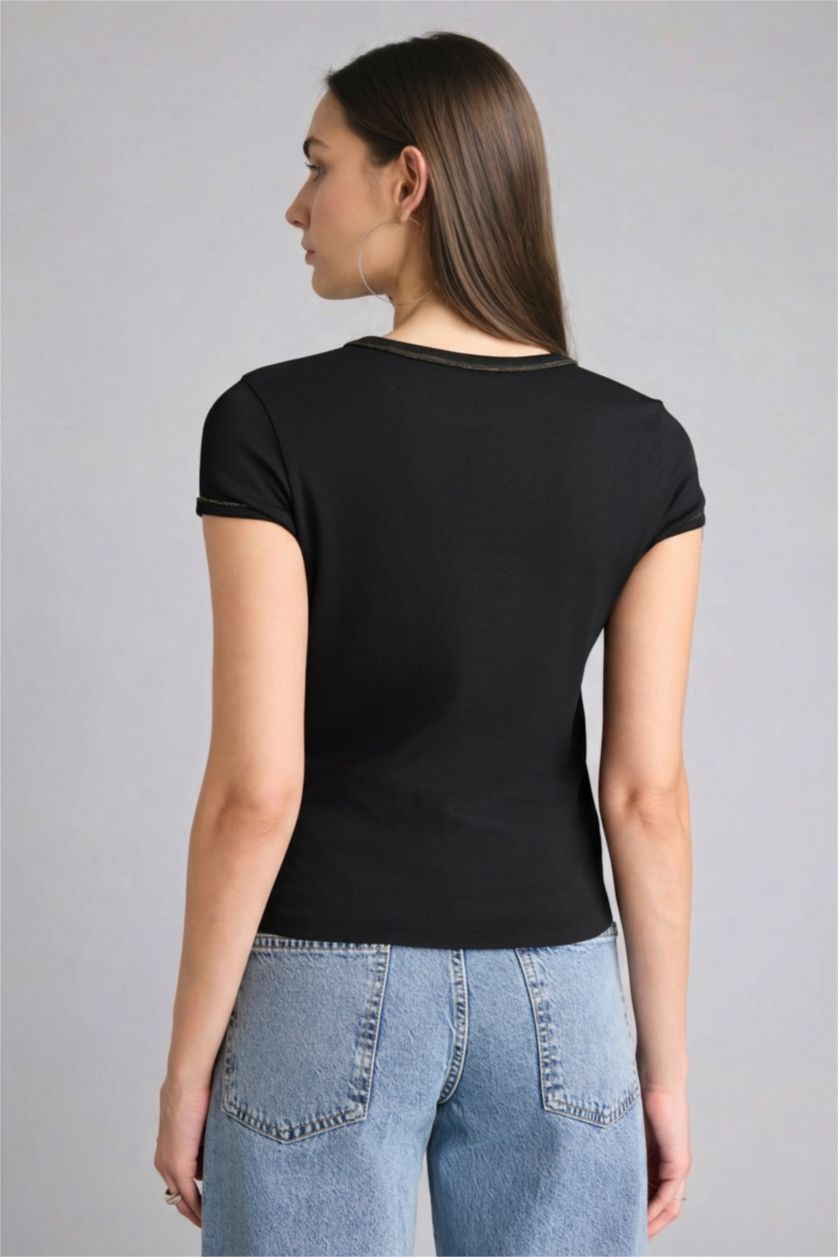 WOMAN Black Slim Fit Ribana Short Sleeve T-Shirt