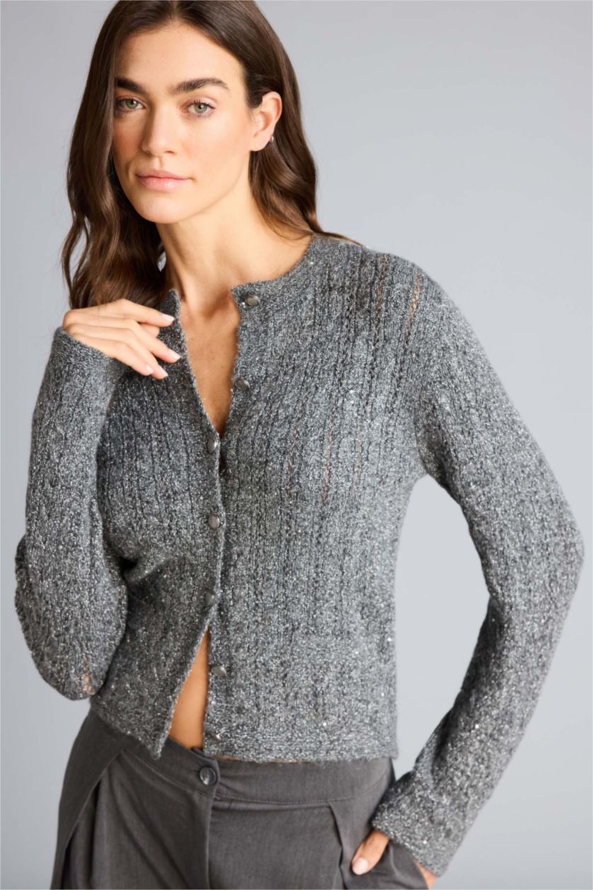 Woman Grey Melange Regular Fit Crew Neck Cardigan