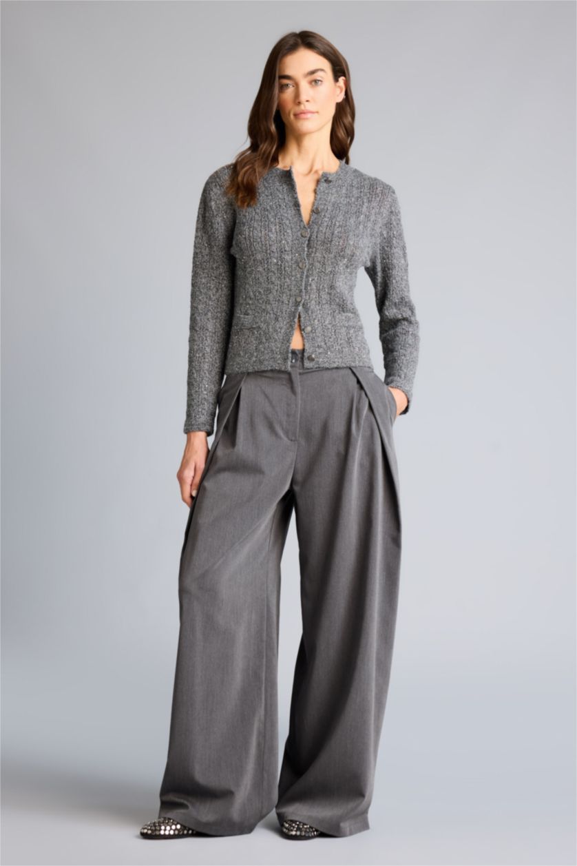 Woman Grey Melange Regular Fit Crew Neck Cardigan