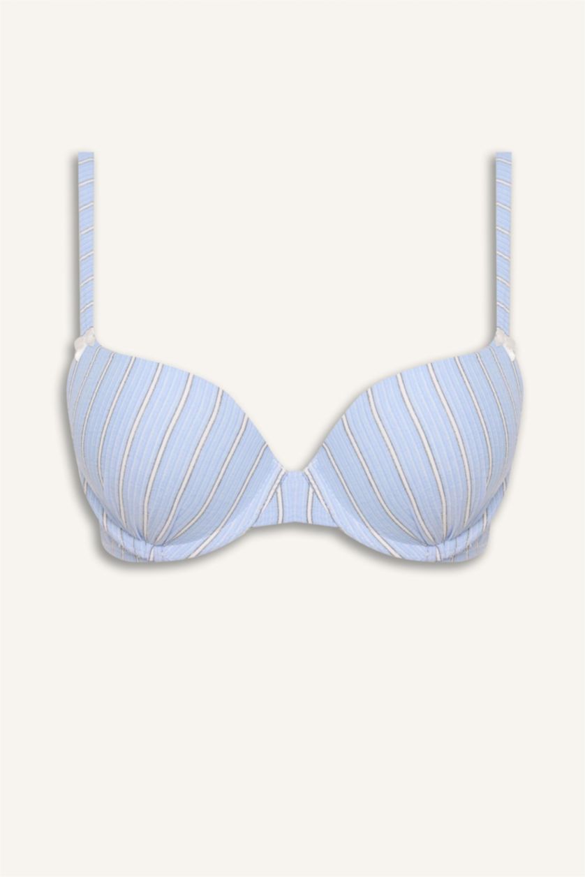 Kadın Açık Mavi Poplin Kaplı Push Up Balenli Çizgili Bra