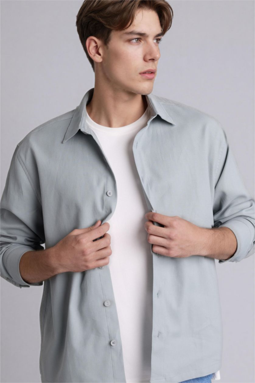 Erkek Açık Gri Boxy Fıt Gömlek Yaka Dokuma Uzun Kollu Gömlek