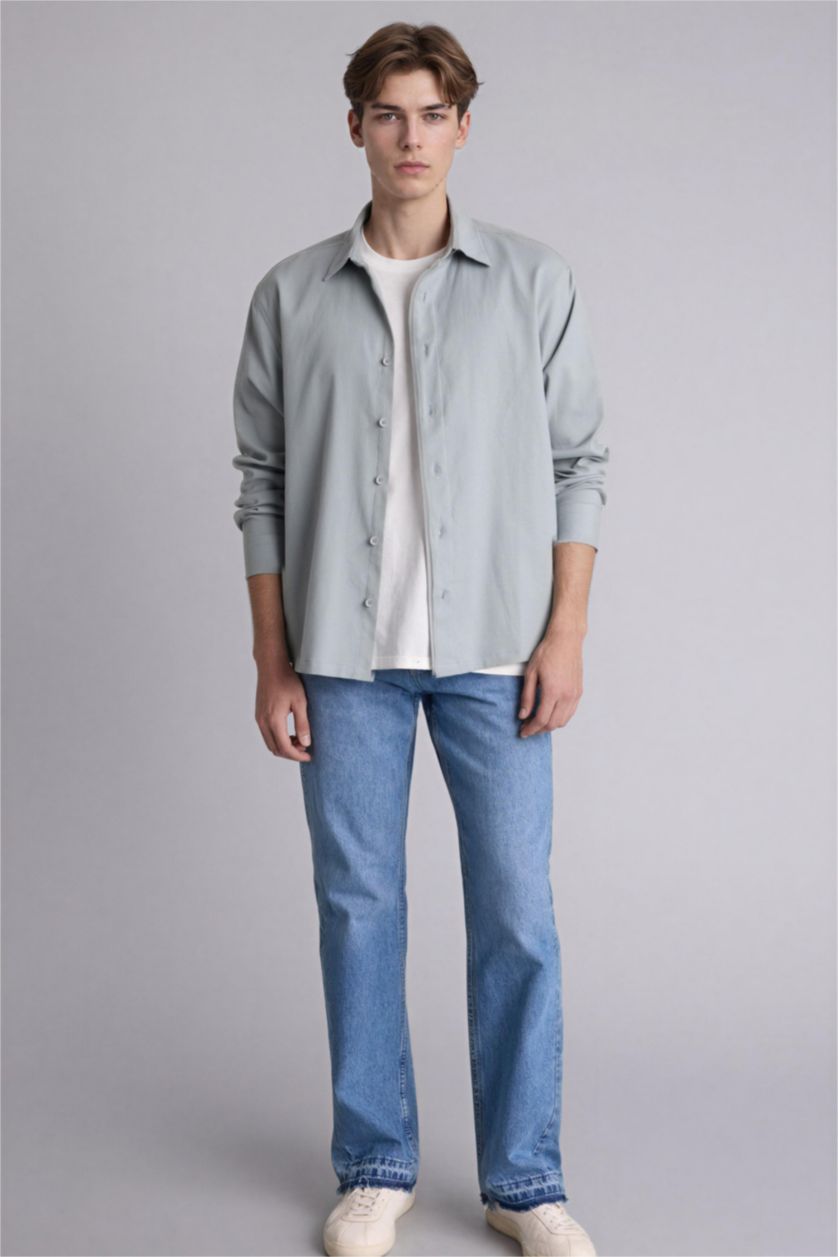Erkek Açık Gri Boxy Fıt Gömlek Yaka Dokuma Uzun Kollu Gömlek