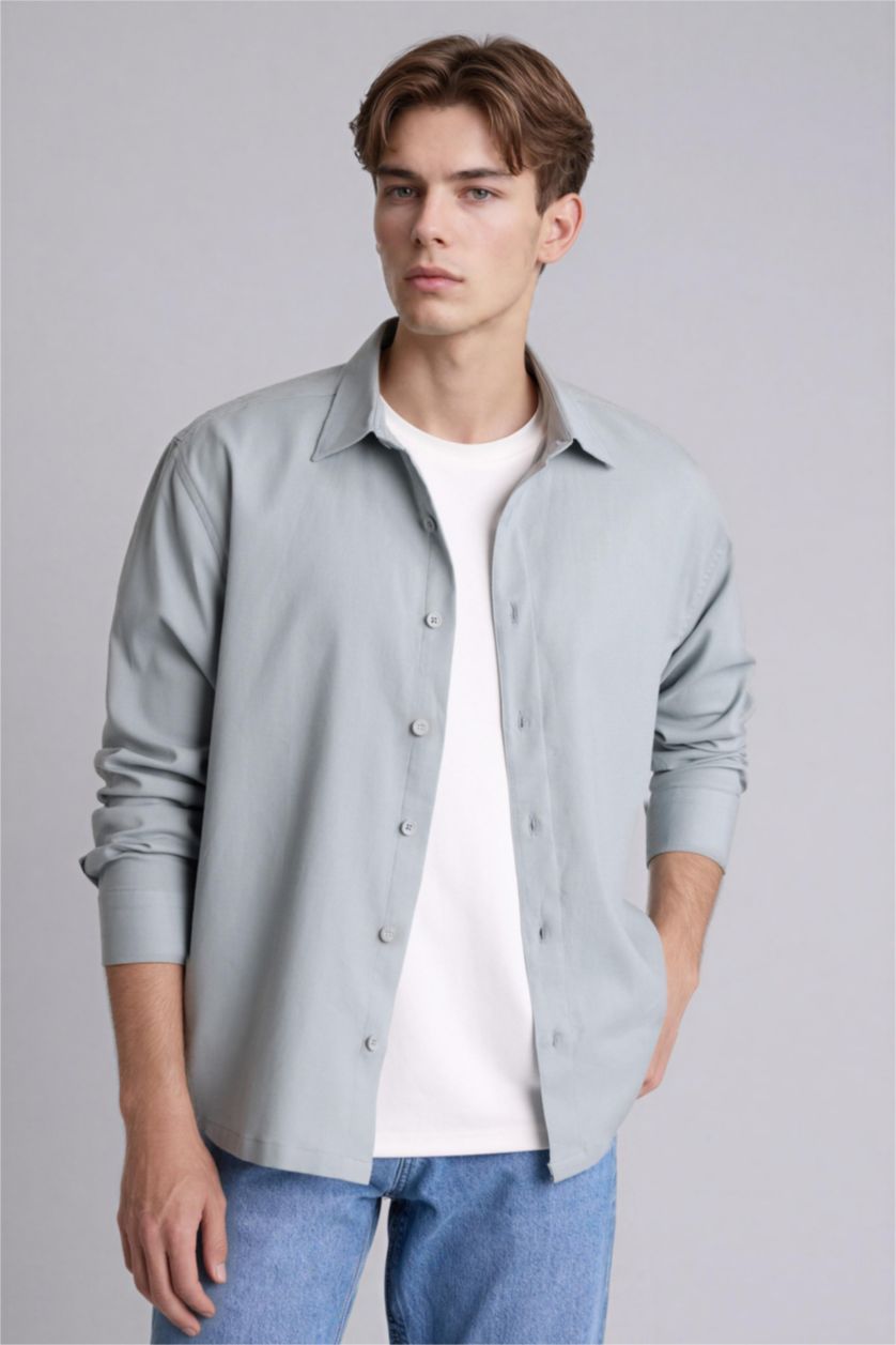 Erkek Açık Gri Boxy Fıt Gömlek Yaka Dokuma Uzun Kollu Gömlek
