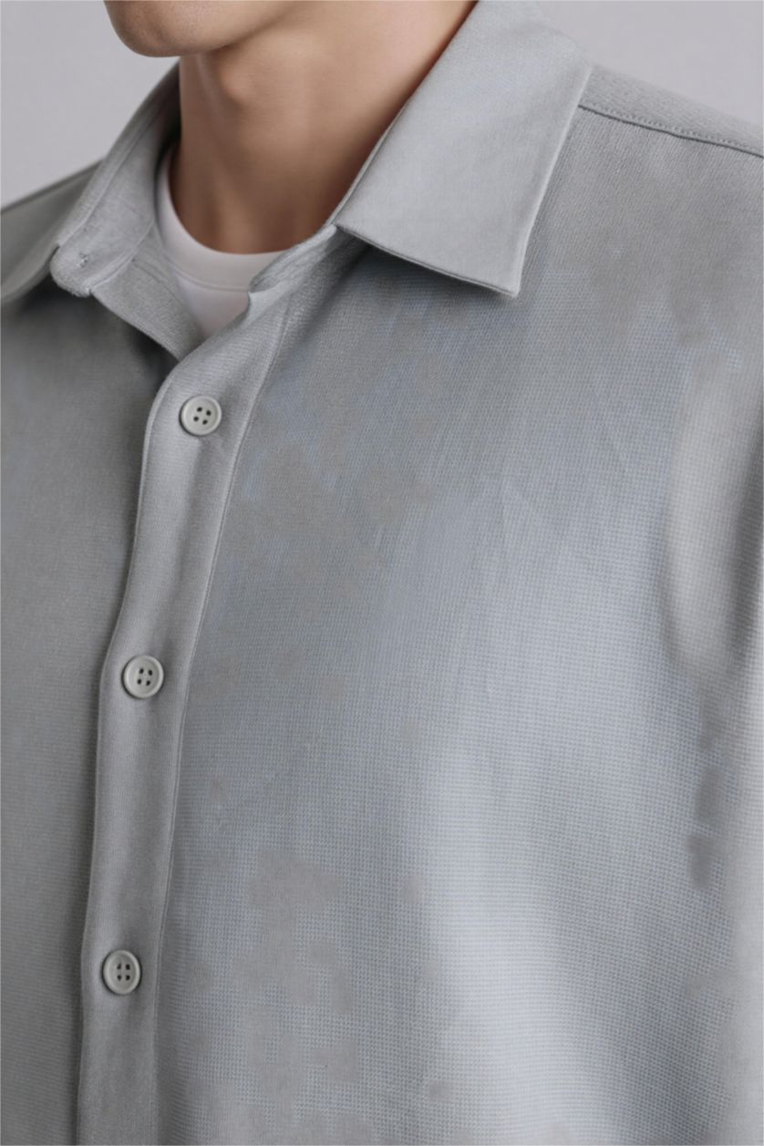 Erkek Açık Gri Boxy Fıt Gömlek Yaka Dokuma Uzun Kollu Gömlek