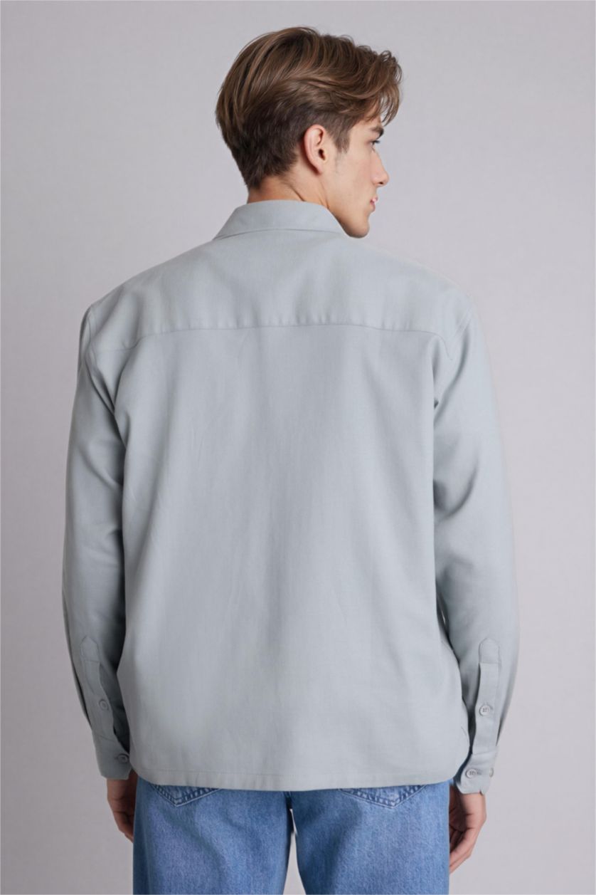 Erkek Açık Gri Boxy Fıt Gömlek Yaka Dokuma Uzun Kollu Gömlek