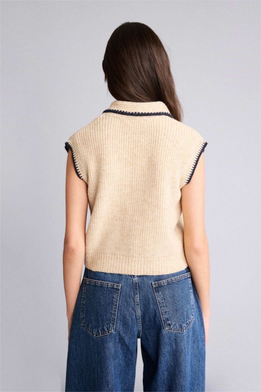 Woman Beige Regular Fit Shawl Collar Knitwear Vest
