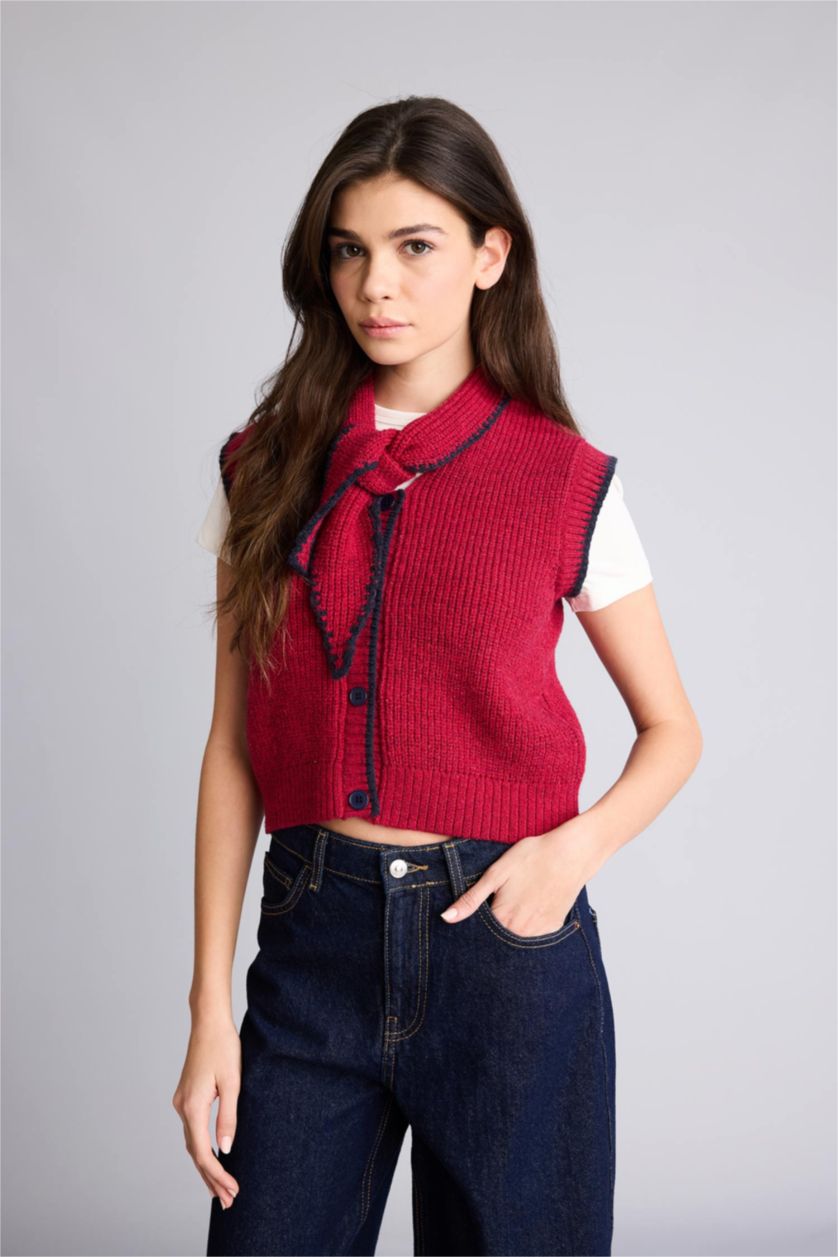 Woman Bordeaux Regular Fit Shawl Collar Knitwear Vest
