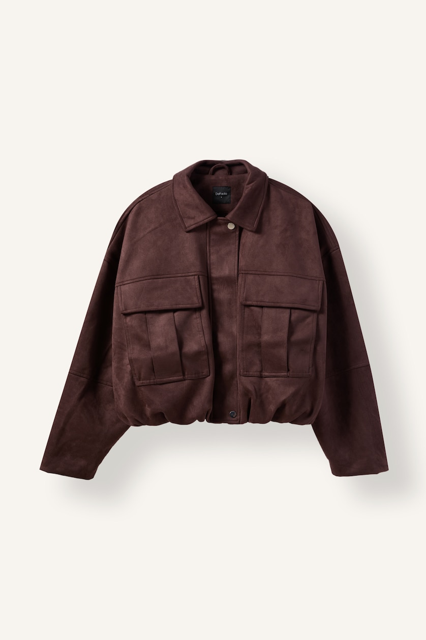 Women Brown Balloon Fit Jacket Collar Zipper Snap Closure Jacket Coat