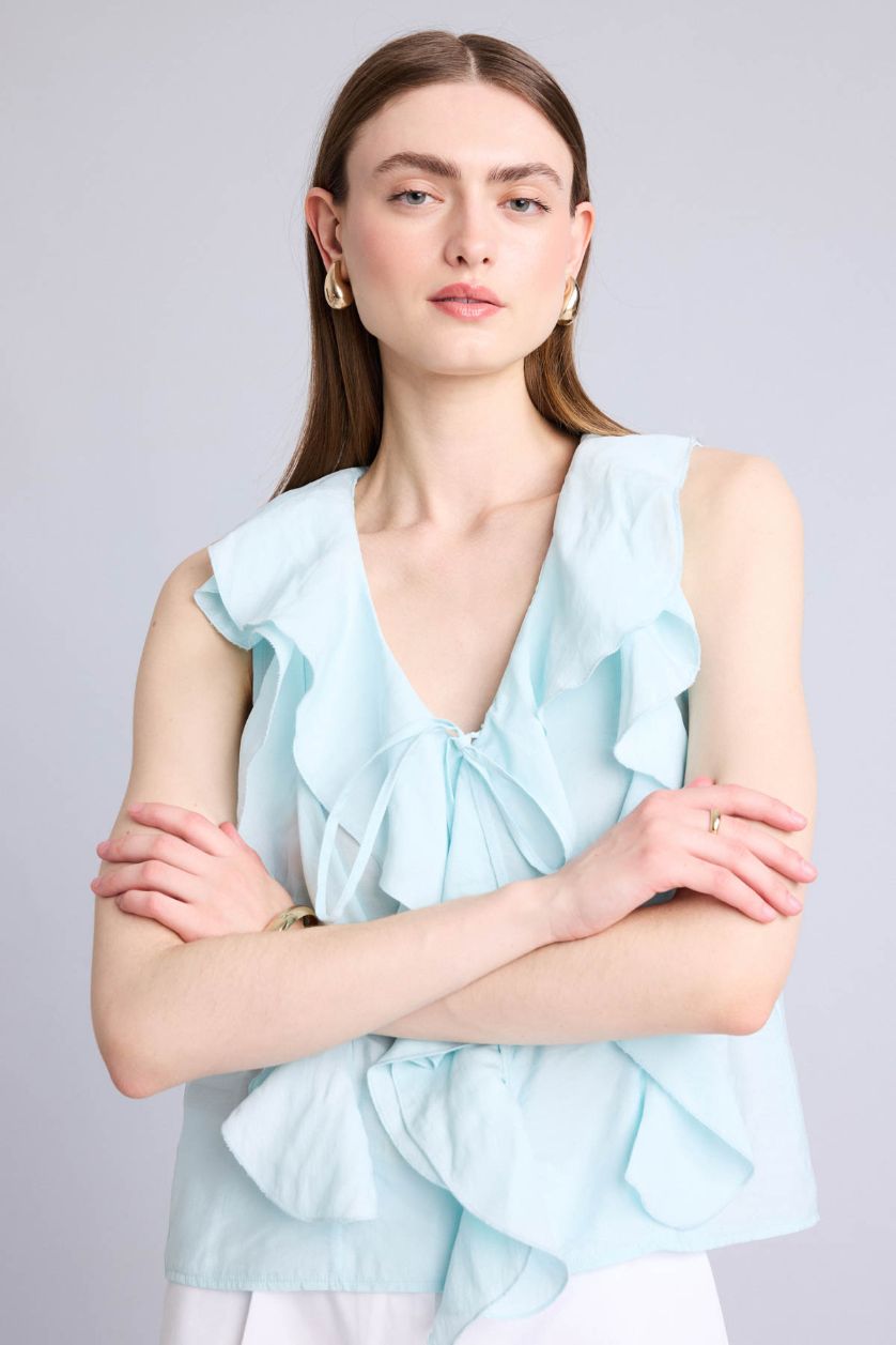 Kadın Açık Mavi Regular Fit Kolsuz Bluz