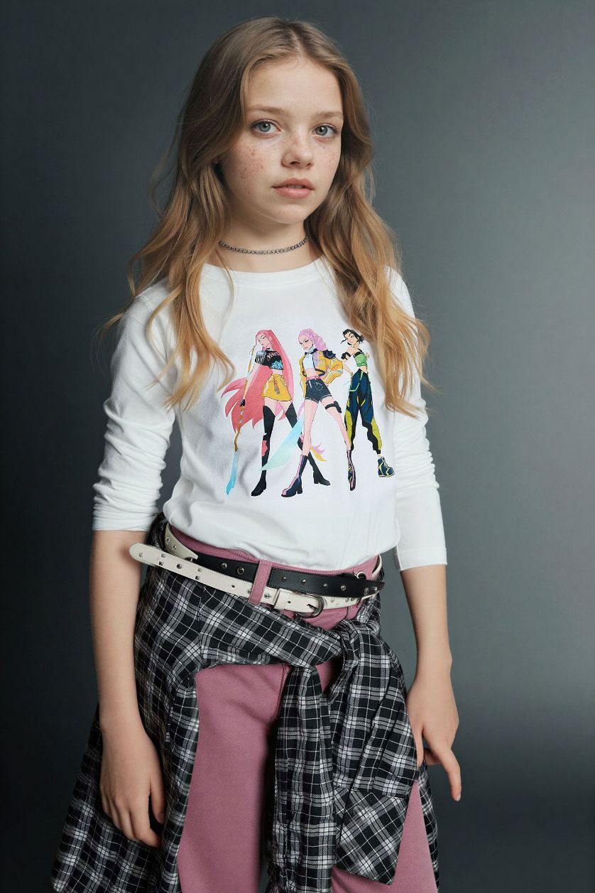 Kız Çocuk - Genç Kız Ekru K-Pop Demon Hunters Slım Fıt Tişört Kız Çocuk