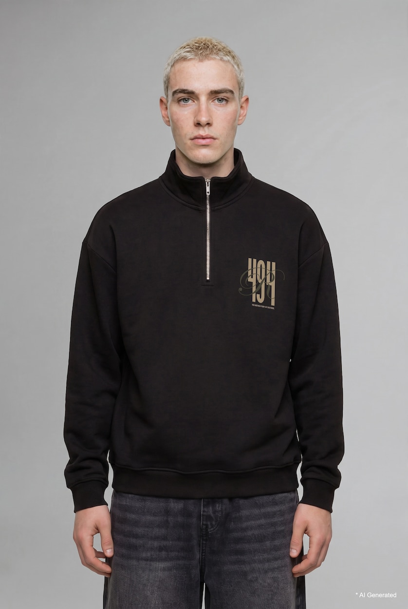 MAN Brown Boxy Fit Printed Half-Zip Sweatshirt