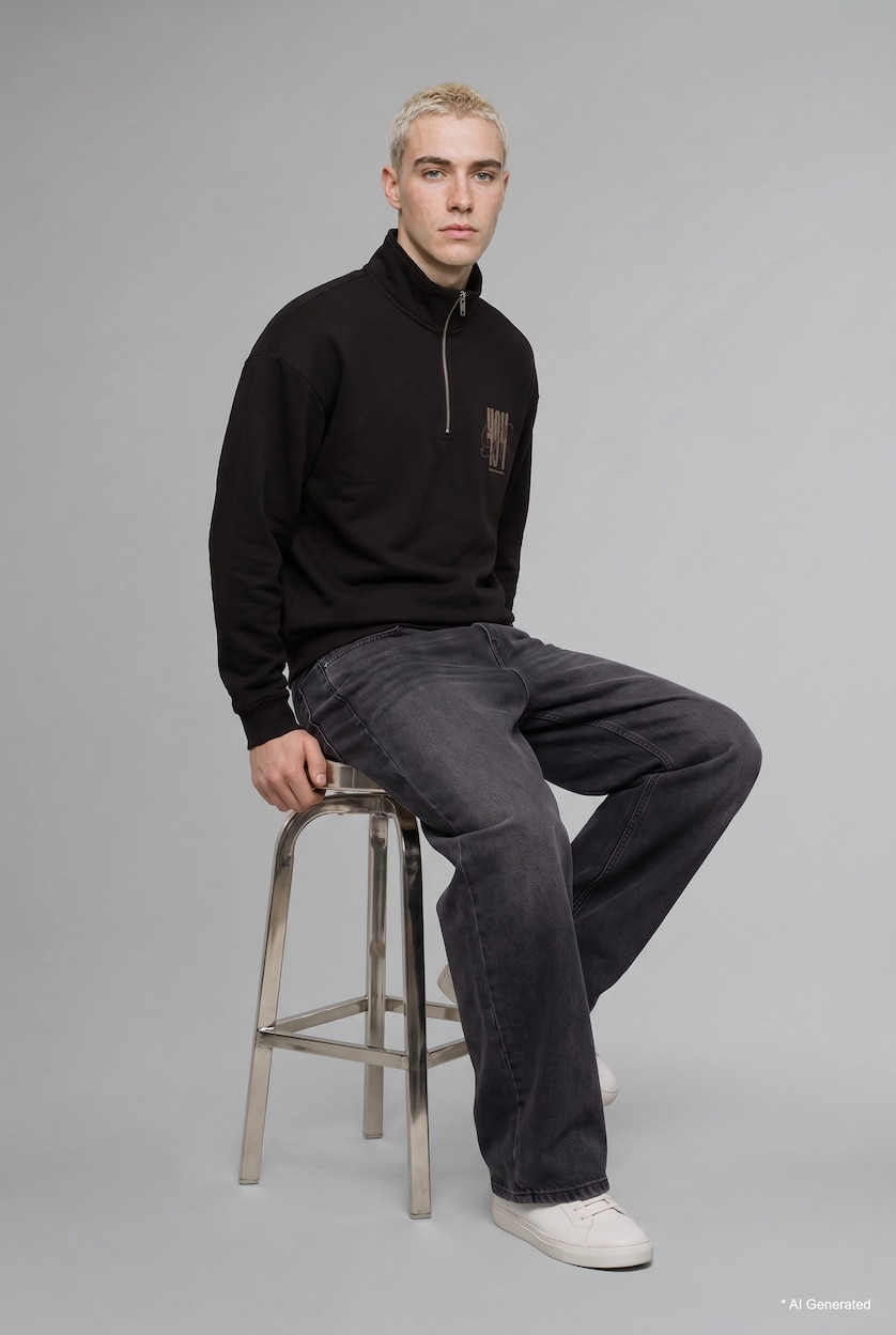 MAN Brown Boxy Fit Printed Half-Zip Sweatshirt