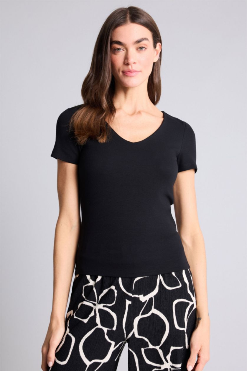 Kadın Siyah Slim Fit Basic Modal Tişört