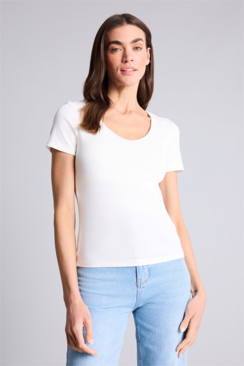 Kadın Ekru Slım Fıt Basıc Modal Tişört