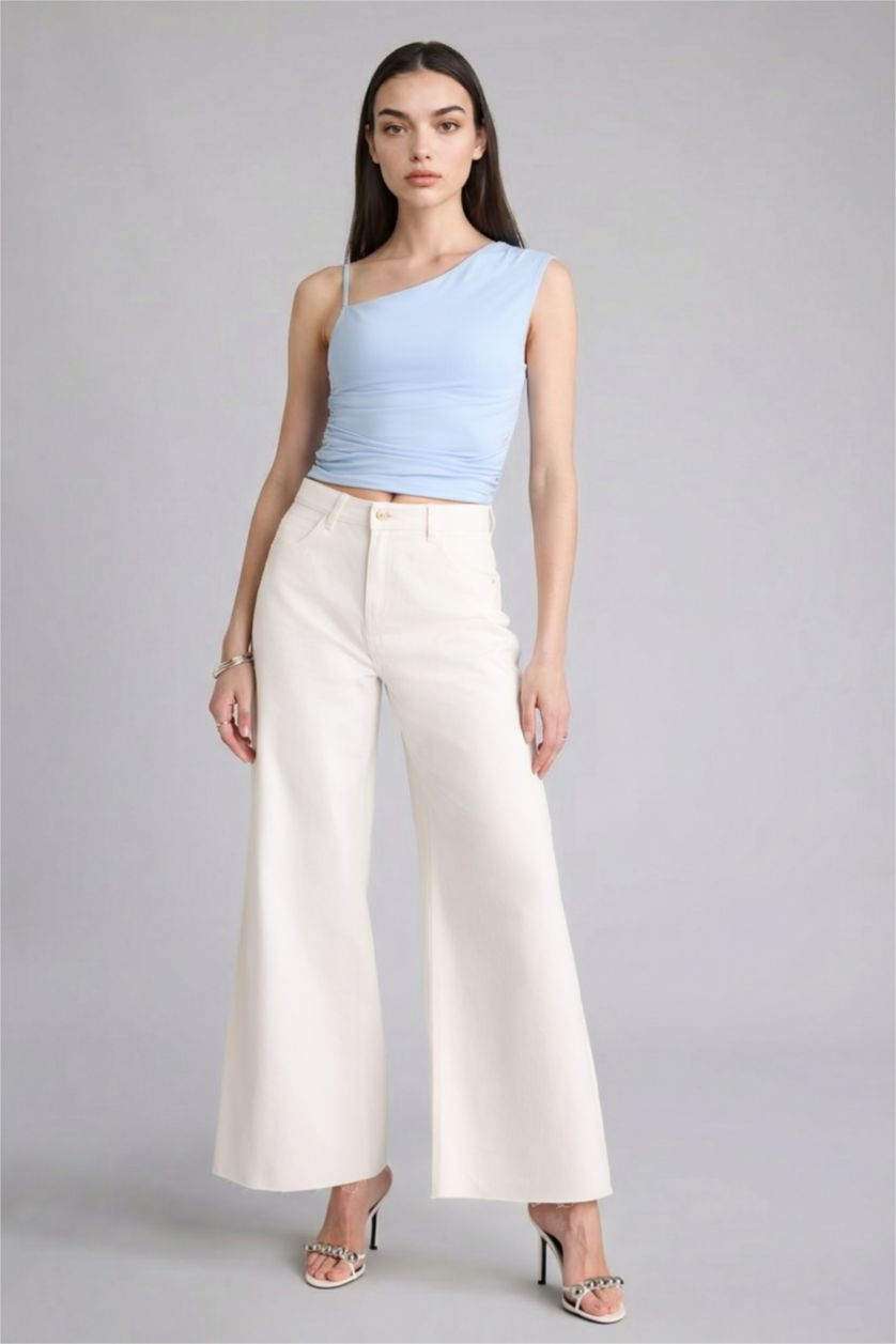 نساء أزرق فاتح فانيلة القماش المنسوج سليم فيت بكتف واحد