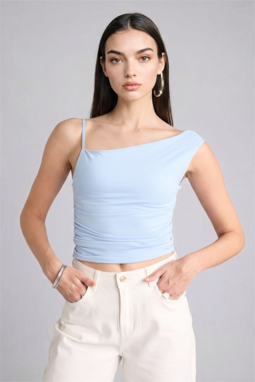 نساء أزرق فاتح فانيلة القماش المنسوج سليم فيت بكتف واحد