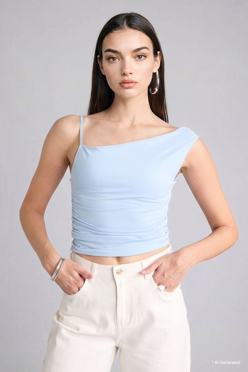 WOMAN Light Blue Slim Fit One Shoulder Tank Top