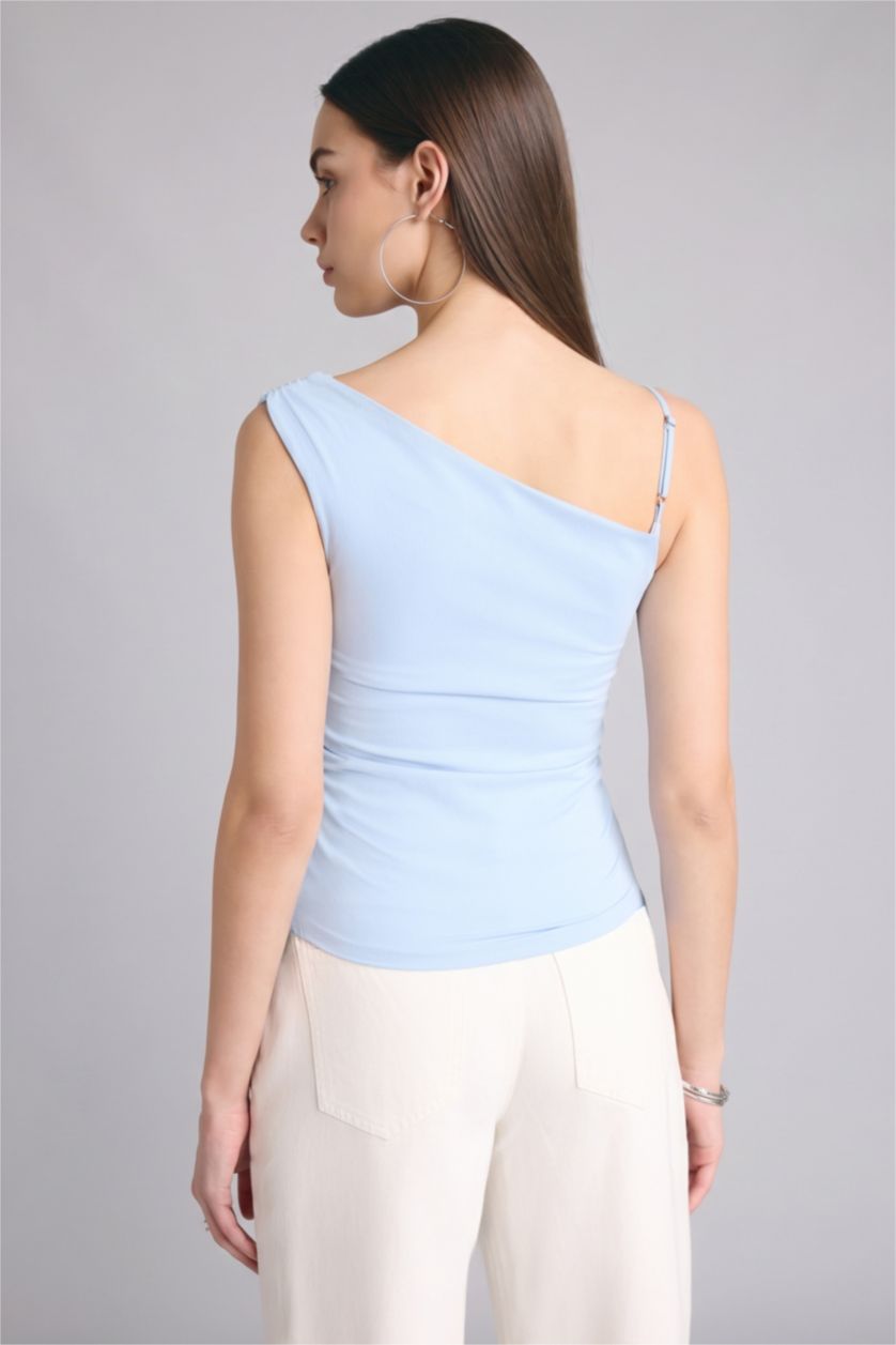 نساء أزرق فاتح فانيلة القماش المنسوج سليم فيت بكتف واحد