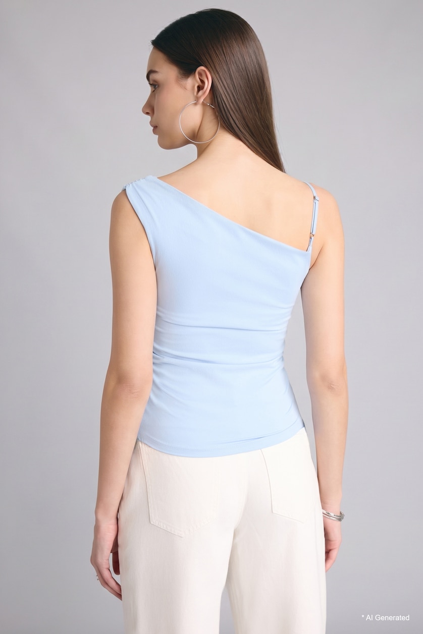 WOMAN Light Blue Slim Fit One Shoulder Tank Top