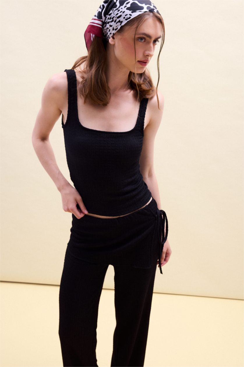 Kadın Siyah Slim Fit Kırışık Dokulu Atlet